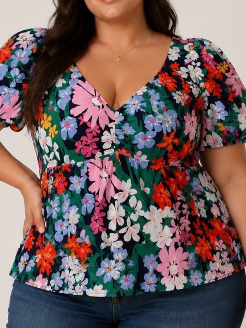 Old Navy Women's black/Floral Puff-Sleeve Top - Multicolor V-neck Lightweight XL